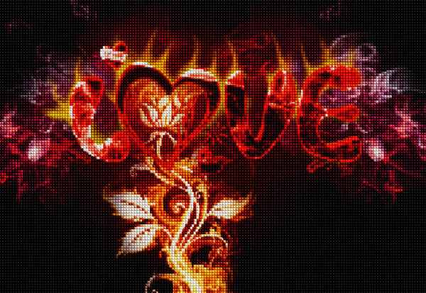 Diamond Painting des Schriftzugs LOVE in roten Flammen mit glühenden Ranken auf schwarzem Hintergrund. Mockup.