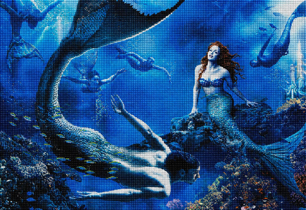 Diamond painting of a group of mermaids and mermen in a deep blue underwater world with fish. Mockup.