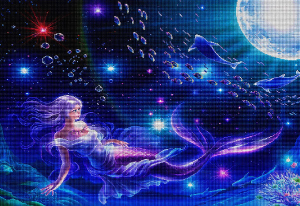 Diamond Painting einer Meerjungfrau, die in einer blauen Nacht unter einem Vollmond mit Fischen schwimmt. Mockup.