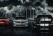 Diamond Painting von drei Muscle-Cars (Camaro, Challenger, Mustang) im Regen vor einer dunklen Stadtskyline. Mockup.