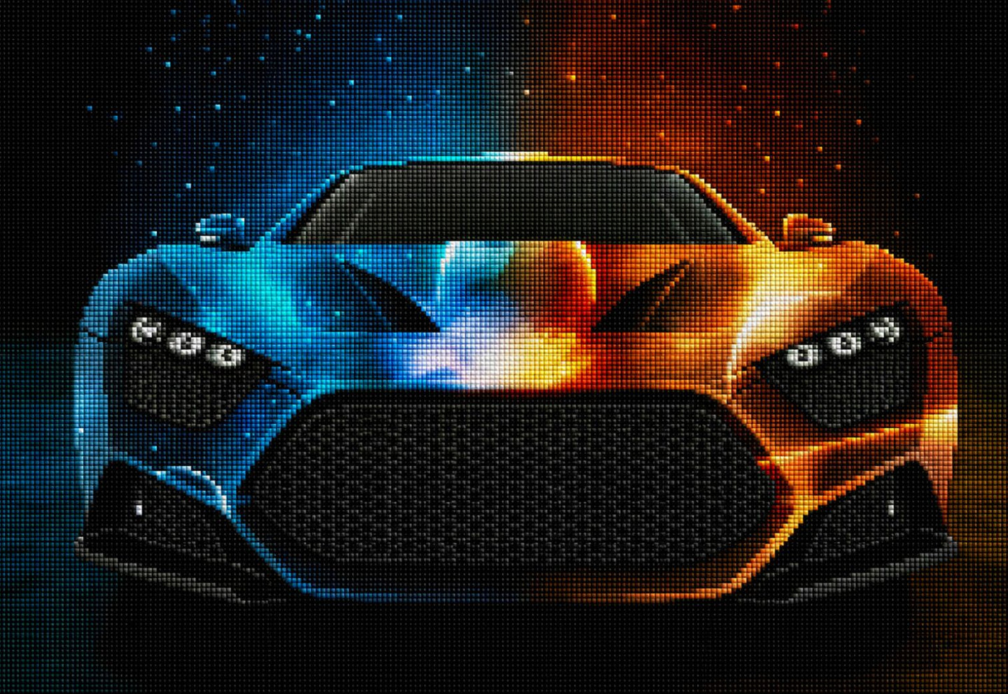 Diamond Painting einer Sportwagenfront, die halb in blauen Galaxien und halb in feurigem Orange dargestellt ist. Mockup.