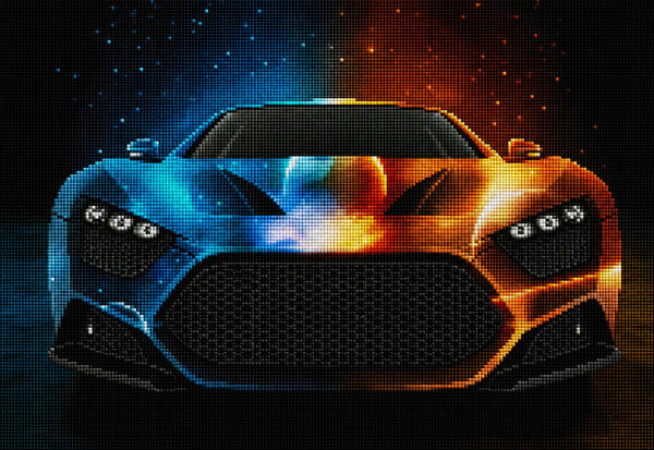 Diamond Painting einer Sportwagenfront, die halb in blauen Galaxien und halb in feurigem Orange dargestellt ist. Mockup.