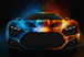 Diamond Painting einer Sportwagenfront, die halb in blauen Galaxien und halb in feurigem Orange dargestellt ist. Mockup.