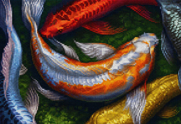 Diamond Painting von mehreren Koi-Fischen in Rot, Gold und Silber, die in dunklem Wasser schwimmen. Mockup.