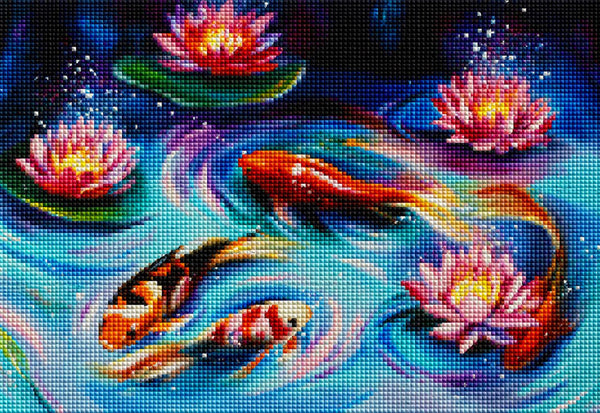 Diamond Painting von bunten Koi-Fischen, die zwischen rosa Seerosen in blau-grünem Wasser schwimmen. Mockup.