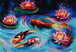 Diamond Painting von bunten Koi-Fischen, die zwischen rosa Seerosen in blau-grünem Wasser schwimmen. Mockup.