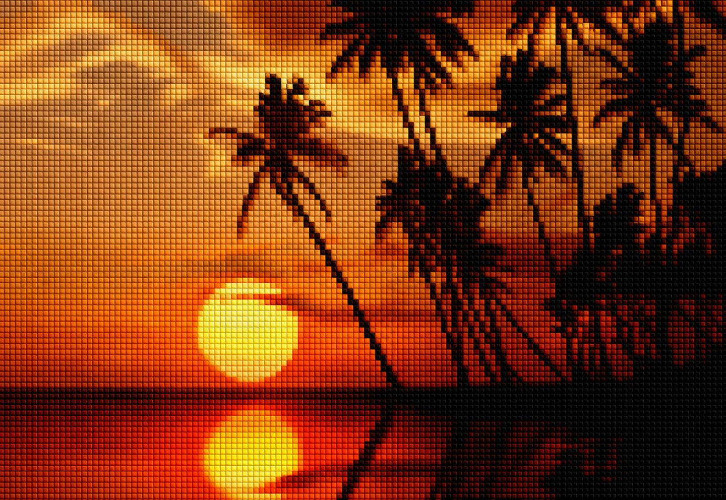 Diamond Painting eines tropischen Strandes mit Palmen-Silhouetten vor einem großen gelben Sonnenuntergang. Mockup.