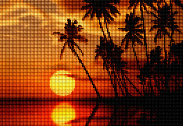 Diamond Painting eines tropischen Strandes mit Palmen-Silhouetten vor einem großen gelben Sonnenuntergang. Mockup.