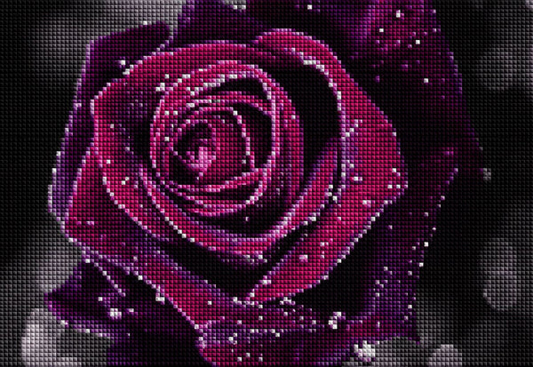 Diamond Painting einer dunkelroten Rose in Nahaufnahme, bedeckt mit vielen glitzernden Wassertropfen. Mockup.