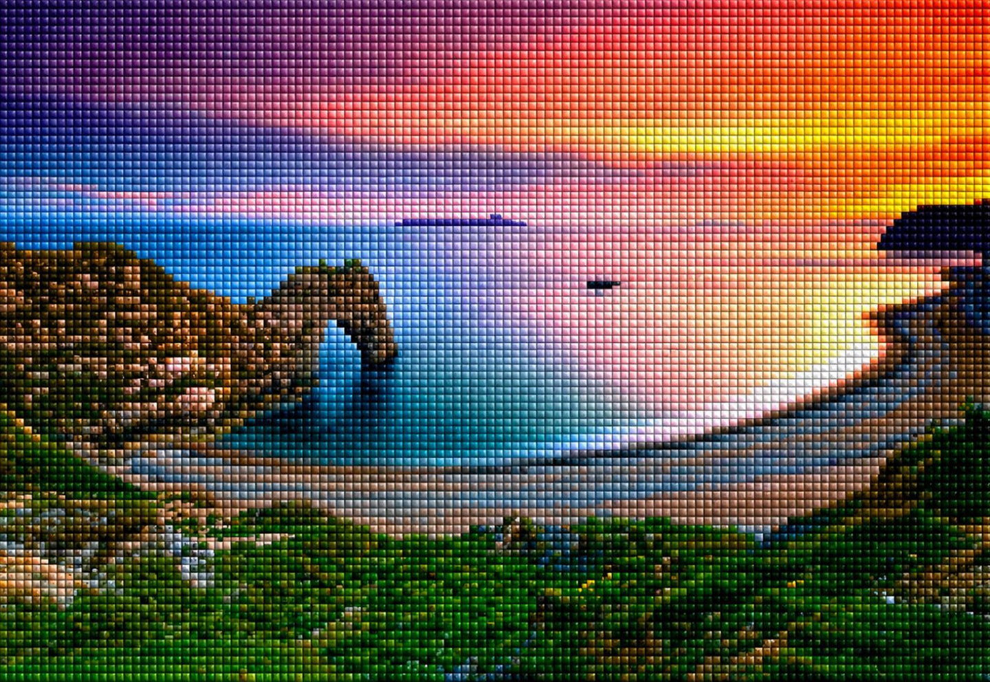 Diamond Painting eines Sonnenuntergangs an einer Bucht mit blauem Wasser, Felsen und grünem Gras. Mockup.
