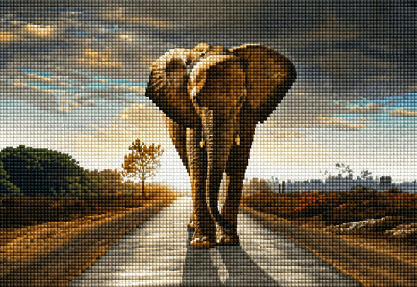 Diamond Painting eines großen Elefanten, der auf einer langen geraden Straße durch eine weite Landschaft geht. Mockup.