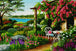 Diamond Painting mit blühender Gartenlaube, weißem Stuhl und Meerblick. Mockup.