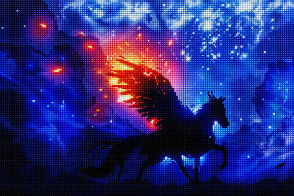 Diamond Painting mit schwarzem Pegasus vor blauem Sternenhimmel und Feuerlicht. Mockup.