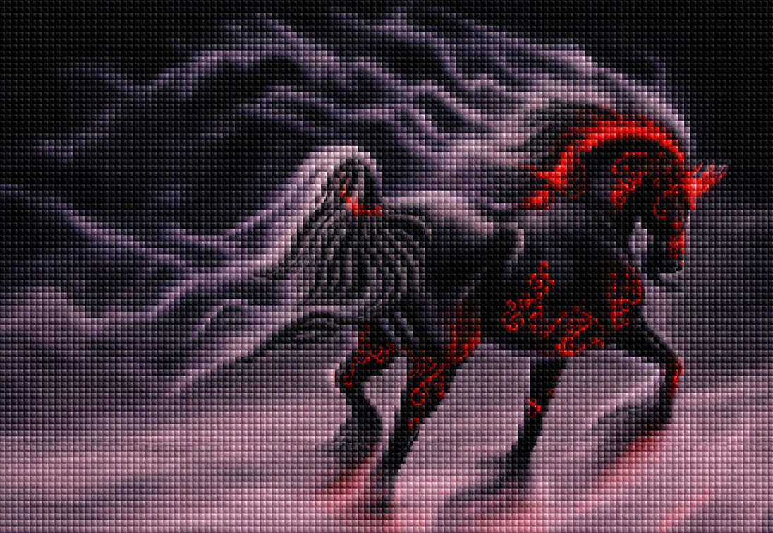 Diamond Painting eines dunklen Einhorns mit rot leuchtenden Verzierungen, umgeben von grauem Rauch. Mockup.