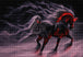 Diamond Painting eines dunklen Einhorns mit rot leuchtenden Verzierungen, umgeben von grauem Rauch. Mockup.