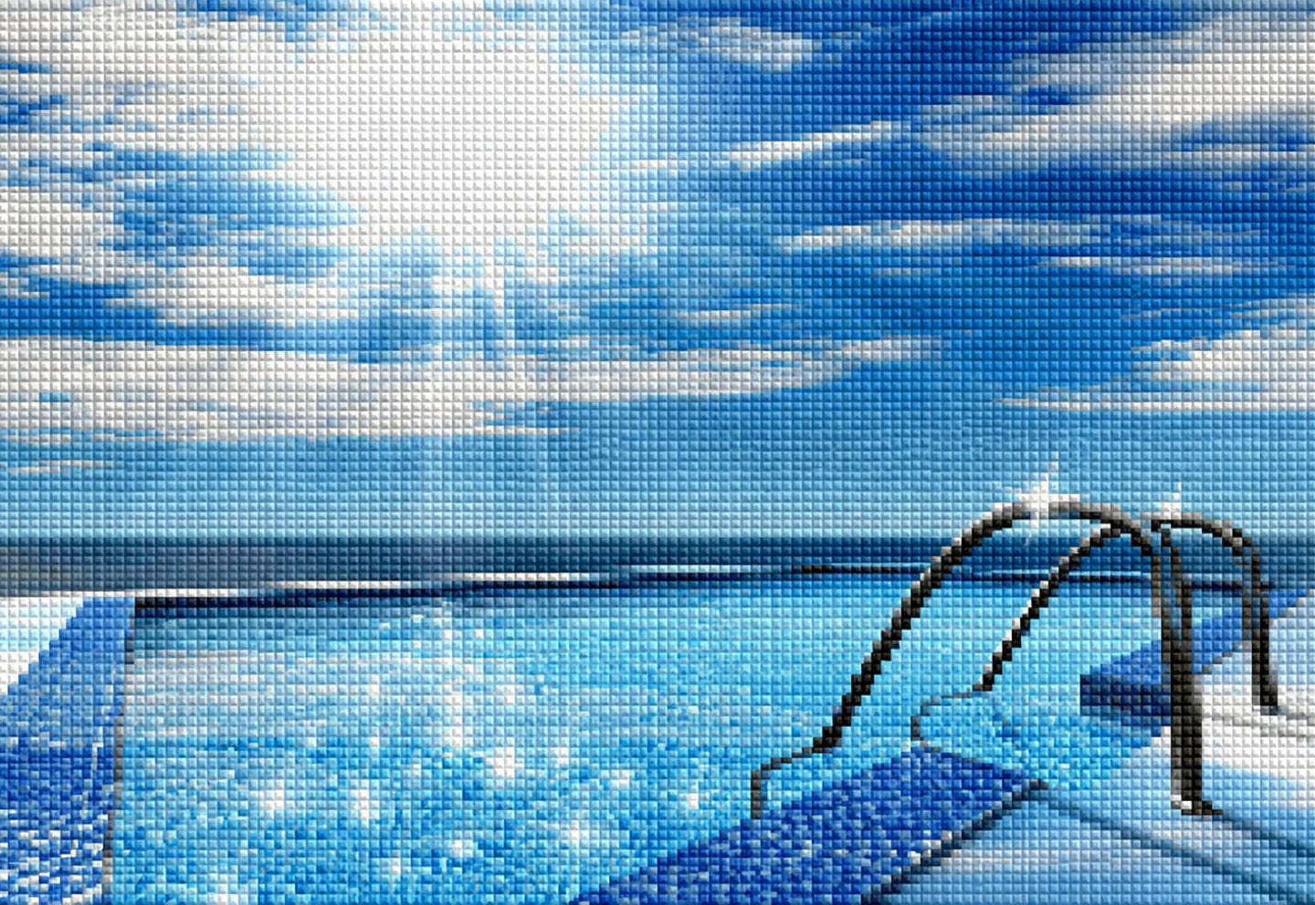 Diamond Painting eines Infinity-Pools mit blauem Wasser und Blick auf das weite Meer unter strahlender Sonne. Mockup.
