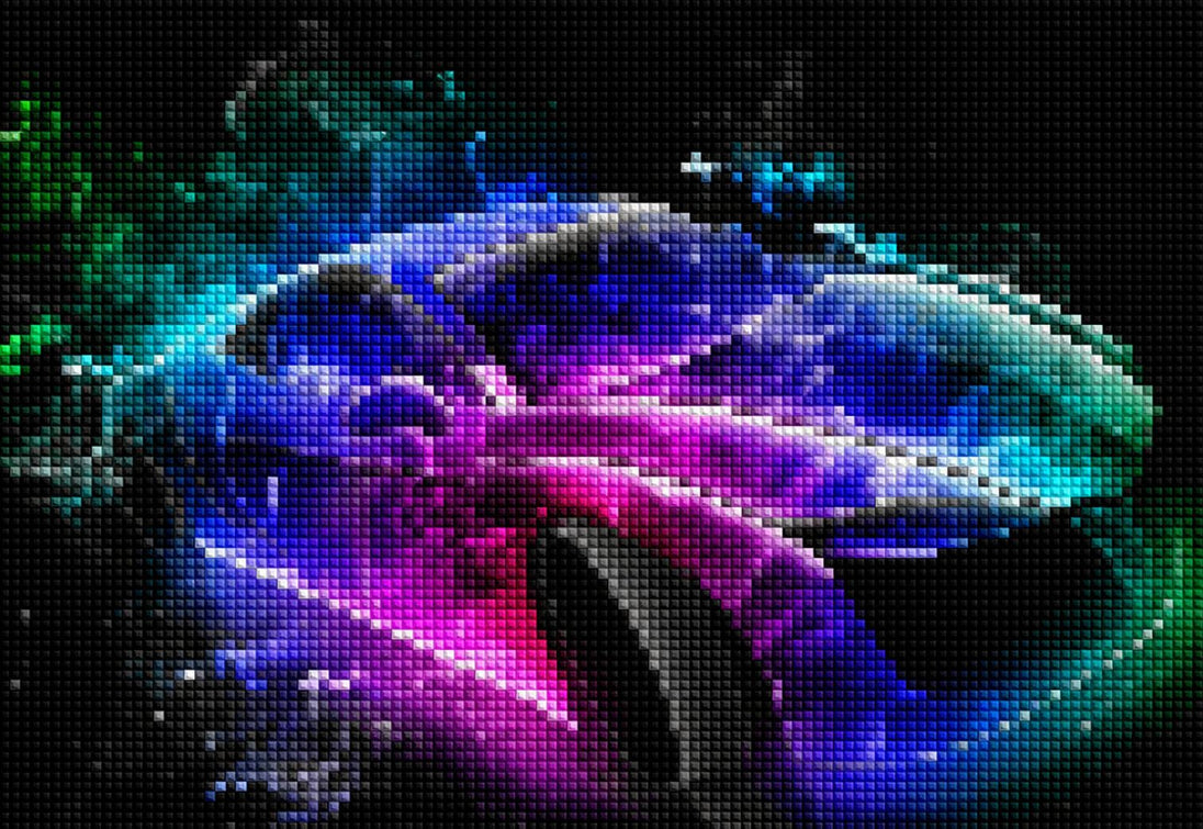 Diamond Painting eines Sportwagens, der von buntem, leuchtendem Rauch in Lila, Blau und Grün umgeben ist. Mockup.