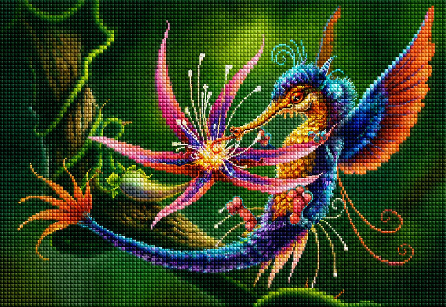 Diamond Painting eines bunten Fabelwesens mit Flügeln, das seinen Rüssel in eine pinke Blume steckt. Mockup.