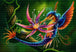 Diamond Painting eines bunten Fabelwesens mit Flügeln, das seinen Rüssel in eine pinke Blume steckt. Mockup.