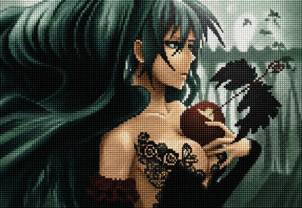 Diamond Painting einer Frau mit grünem Haar, die einen Apfel mit einem Herzpfeil in der Hand hält. Mockup.