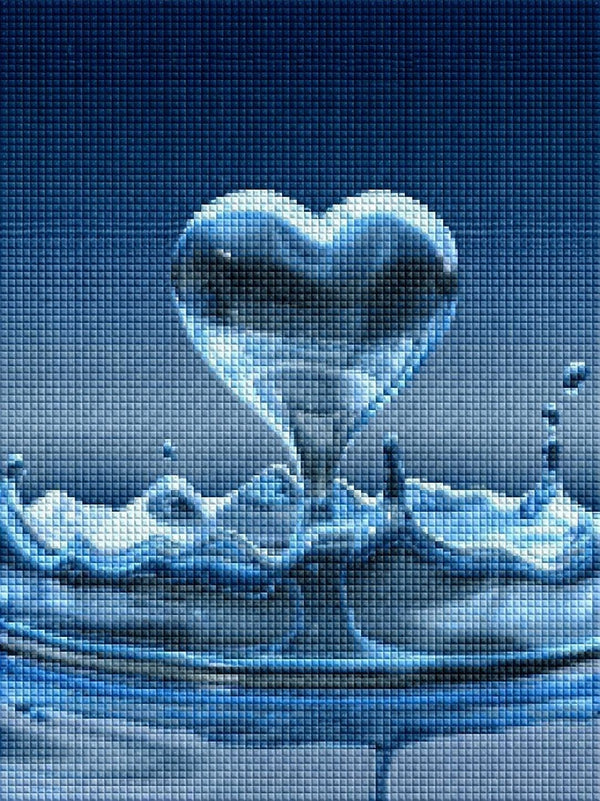 Diamond Painting eines Herzens, das aus einer spritzenden Wasserwelle in klarem Blau geformt wird. Mockup.