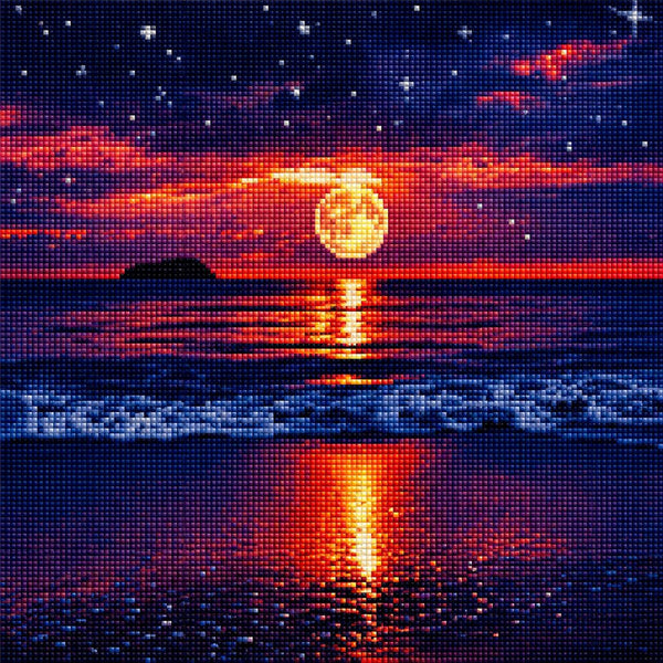 Diamond Painting eines goldenen Vollmonds über dem Meer bei Nacht mit glitzernden Sternen am lila Himmel. Mockup.