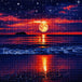Diamond Painting eines goldenen Vollmonds über dem Meer bei Nacht mit glitzernden Sternen am lila Himmel. Mockup.