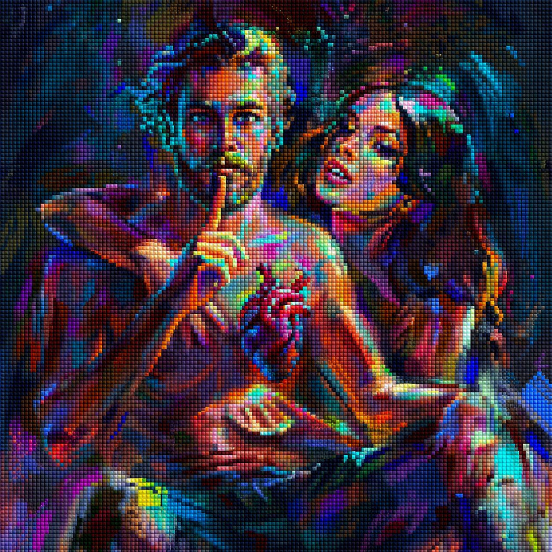 Diamond Painting eines Paares in bunter Ölmalerei-Optik mit einem leuchtenden Herz in der Mitte auf dunklem Grund. Mockup.