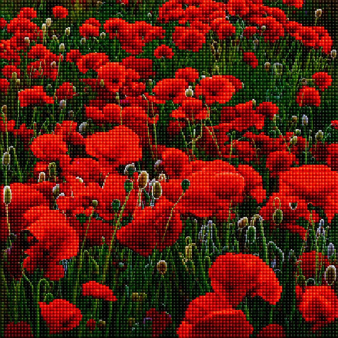 Diamond Painting eines dichten Feldes mit vielen roten Mohnblumen in Nahaufnahme und grünen Stielen. Mockup.