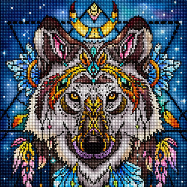 Diamond Painting eines Wolfskopfes mit indigenem Federschmuck, Kristallen und einer Mondsichel im Grafik-Stil. Mockup.