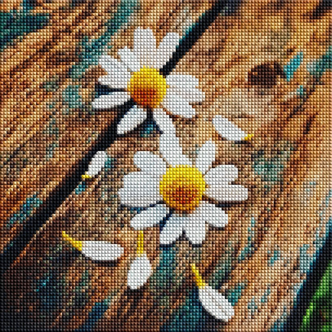 Diamond Painting von zwei weißen Margeriten und abgefallenen Blütenblättern auf einer alten Holzbank. Mockup.