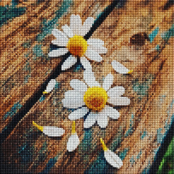 Diamond Painting von zwei weißen Margeriten und abgefallenen Blütenblättern auf einer alten Holzbank. Mockup.