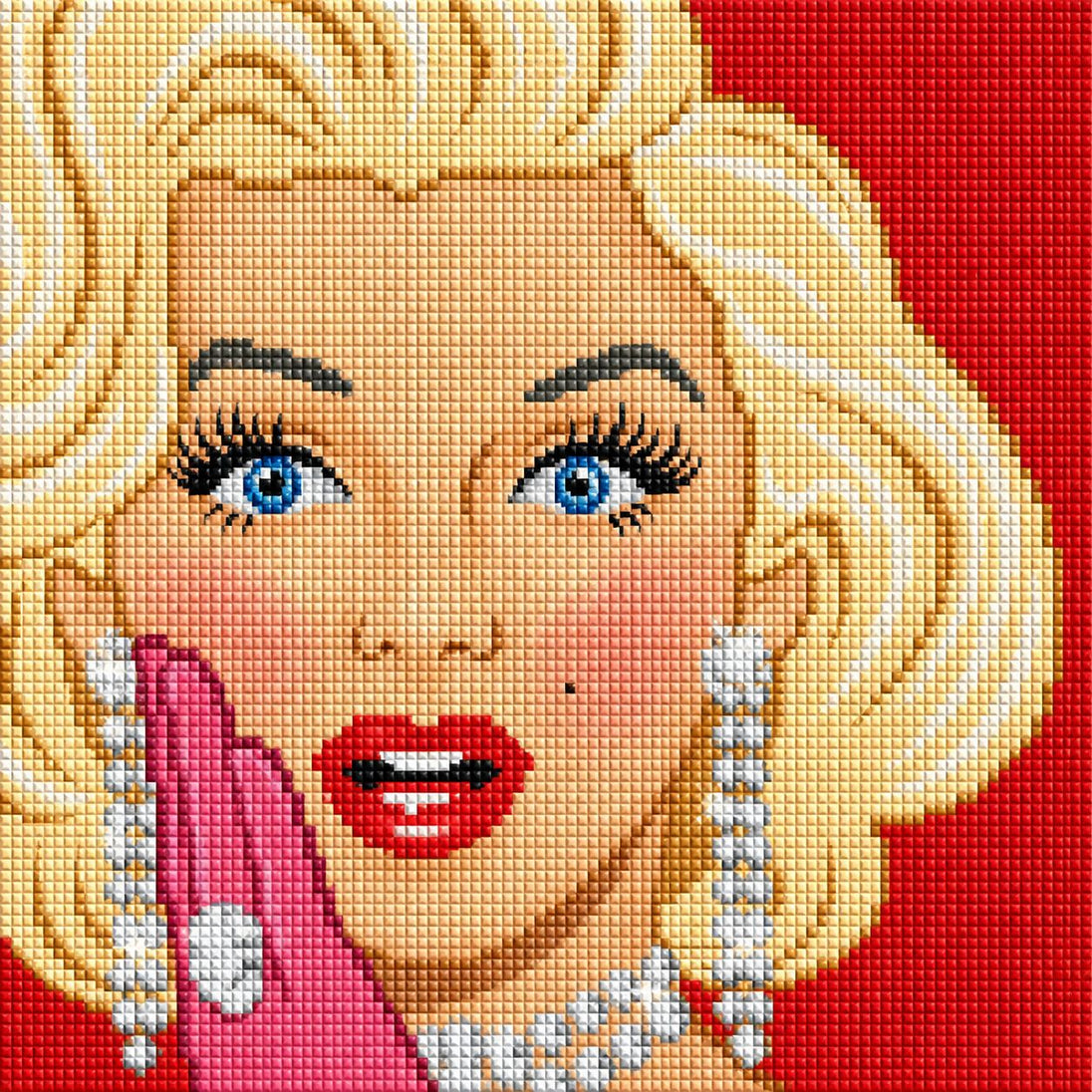 Diamond Painting eines Frauenporträts mit blonden Haaren, roten Lippen und großen glitzernden Diamantohrringen. Mockup.