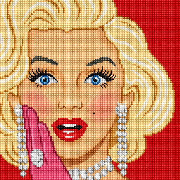 Diamond Painting eines Frauenporträts mit blonden Haaren, roten Lippen und großen glitzernden Diamantohrringen. Mockup.