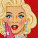 Diamond Painting eines Frauenporträts mit blonden Haaren, roten Lippen und großen glitzernden Diamantohrringen. Mockup.