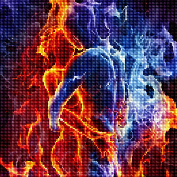 Diamond Painting von zwei umschlungenen Gestalten aus Feuer und blauem Rauch auf schwarzem Hintergrund. Mockup.