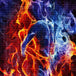 Diamond Painting von zwei umschlungenen Gestalten aus Feuer und blauem Rauch auf schwarzem Hintergrund. Mockup.
