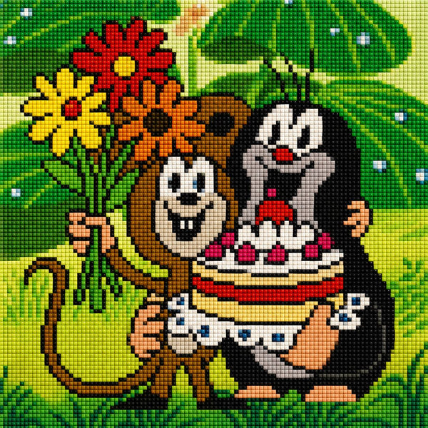 Diamond Painting vom kleinen Maulwurf und der Maus mit einer Torte und einem bunten Blumenstrauß. Mockup.