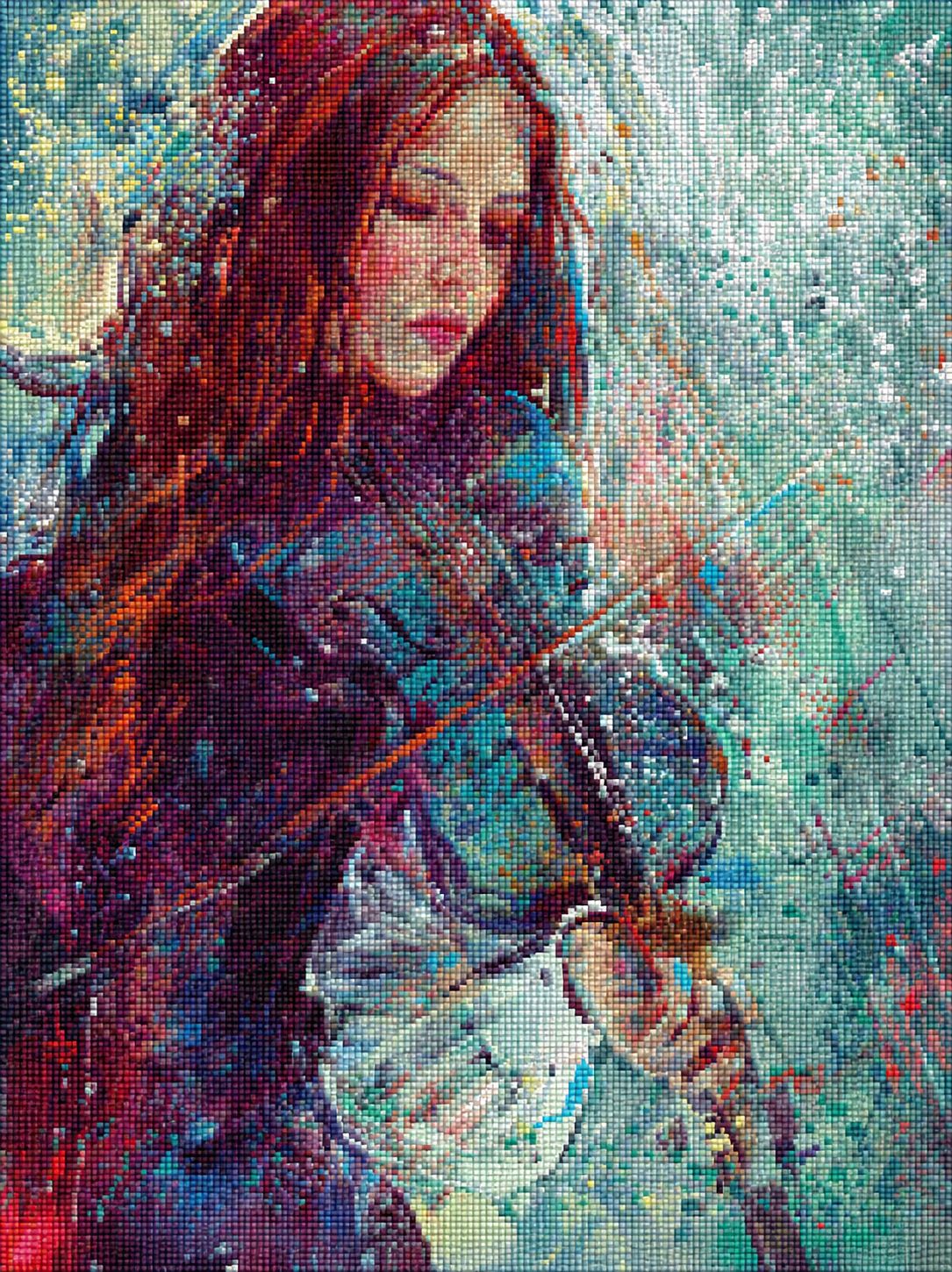 Diamond Painting eines Frauenporträts mit Violine im abstrakten Aquarell-Stil mit bunten Farbspritzern. Mockup.