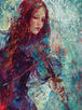 Diamond Painting eines Frauenporträts mit Violine im abstrakten Aquarell-Stil mit bunten Farbspritzern. Mockup.