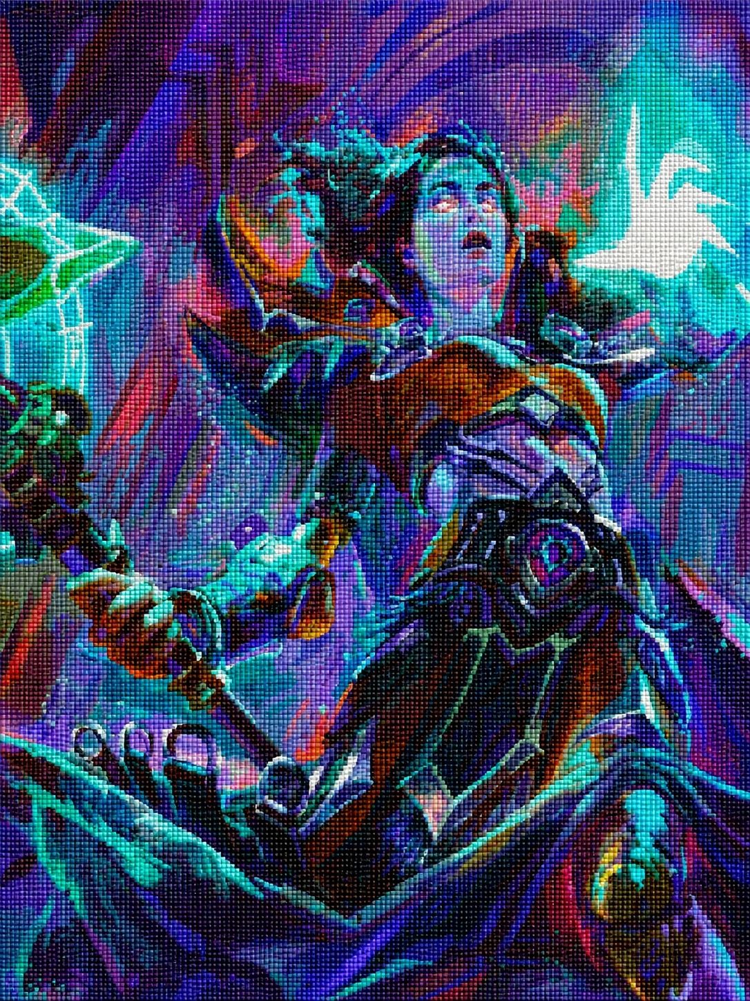 Diamond Painting mit futuristischer Zauberin, Stab und leuchtender Taube. Mockup.