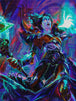 Diamond Painting mit futuristischer Zauberin, Stab und leuchtender Taube. Mockup.