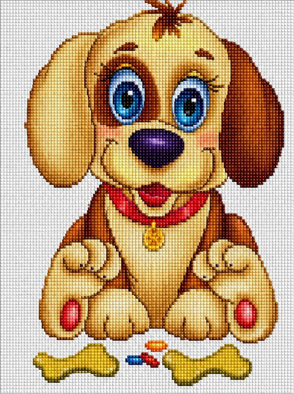 Diamond Painting eines niedlichen Cartoon-Welpen mit großen blauen Augen und zwei gelben Knochen. Mockup.