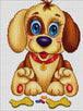 Diamond Painting eines niedlichen Cartoon-Welpen mit großen blauen Augen und zwei gelben Knochen. Mockup.