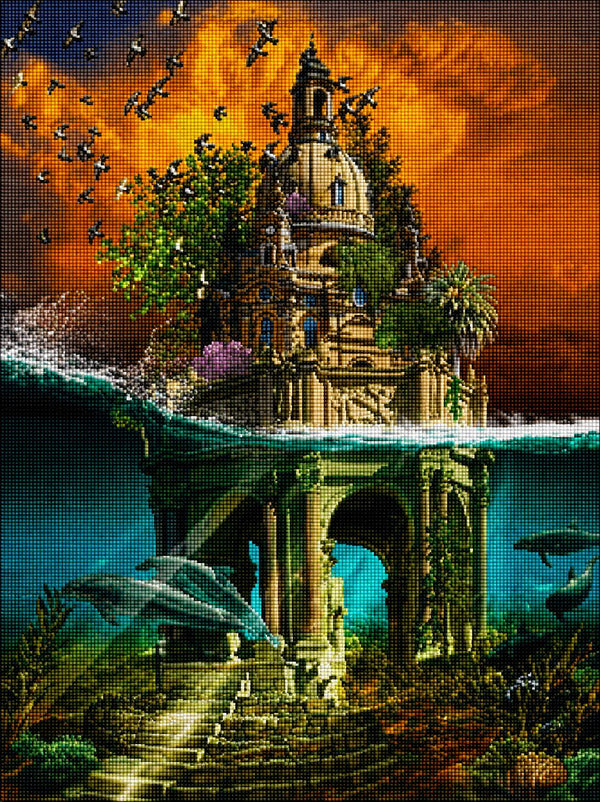 Diamond Painting einer Insel mit Kirche, die halb über und halb unter Wasser mit Delfinen dargestellt ist. Mockup.