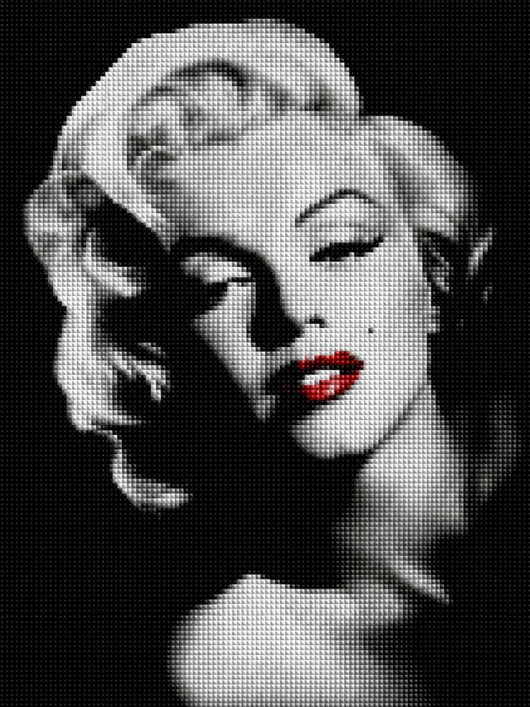 Diamond Painting mit Schwarz-Weiß Marilyn Monroe Porträt und roten Lippen. Mockup.