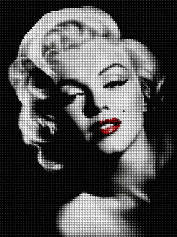 Diamond Painting mit Schwarz-Weiß Marilyn Monroe Porträt und roten Lippen. Mockup.