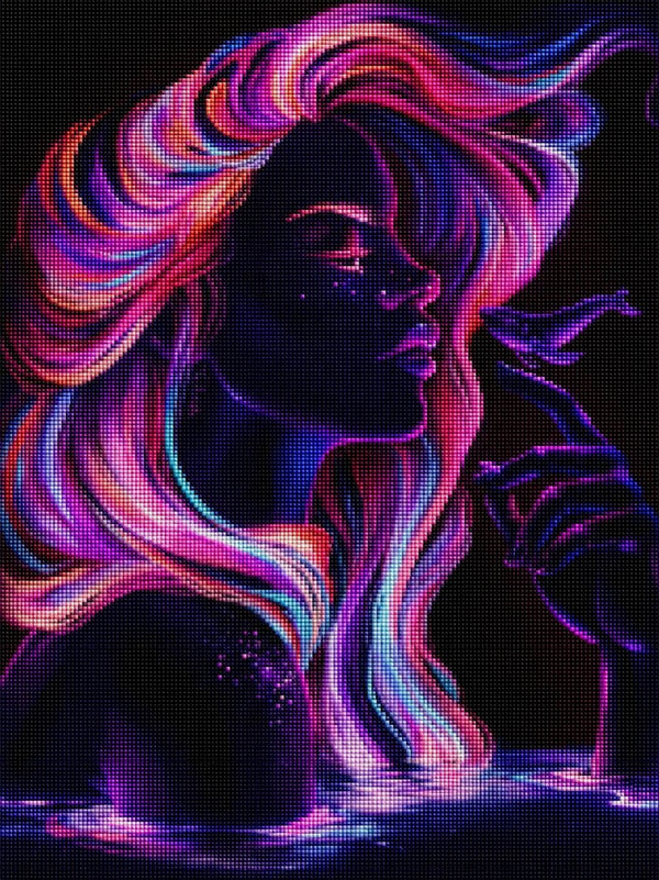 Diamond Painting mit dunkler Frauensilhouette und leuchtendem Neonhaar. Mockup.