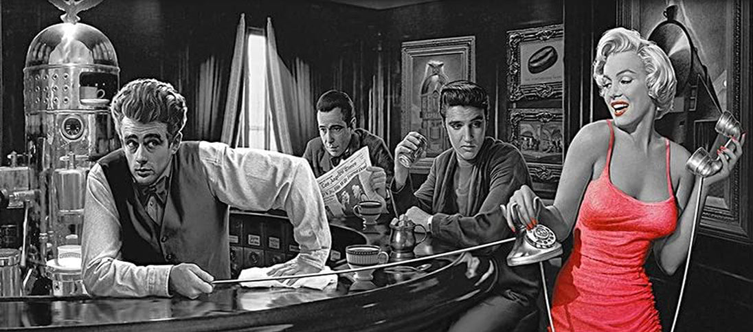 Diamond Painting von Marilyn Monroe, James Dean und Elvis Presley in einer Bar in Schwarz-Weiß mit rotem Kleid.