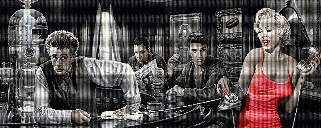 Diamond Painting von Marilyn Monroe, James Dean und Elvis Presley in einer Bar in Schwarz-Weiß mit rotem Kleid. Mockup.